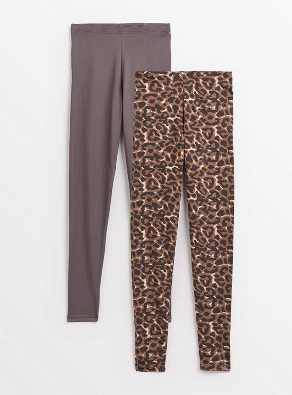 Leopard Print & Plain Leggings 2 Pack L